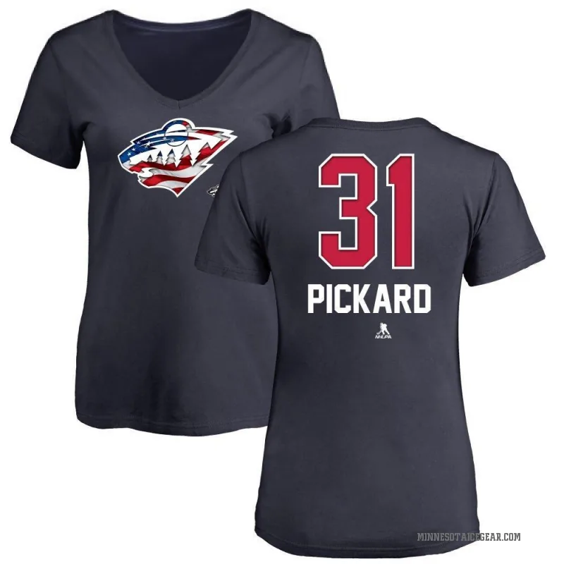Calvin Pickard Women's Navy Minnesota Wild Name and Number Banner Wave V-Neck T-Shirt -