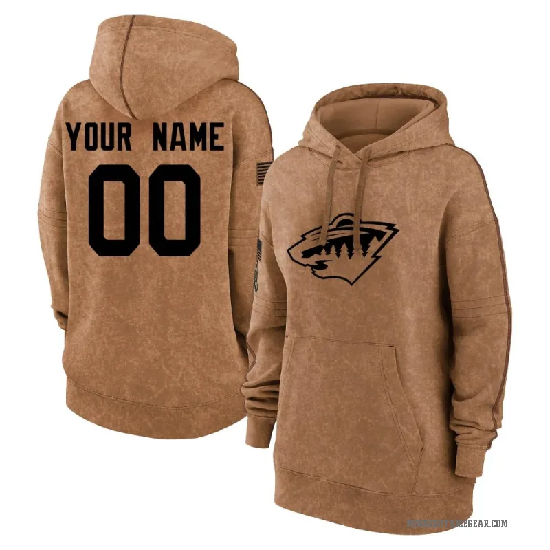 Custom Women's Brown Minnesota Wild 2023 Salute to Service Pullover Hoodie
