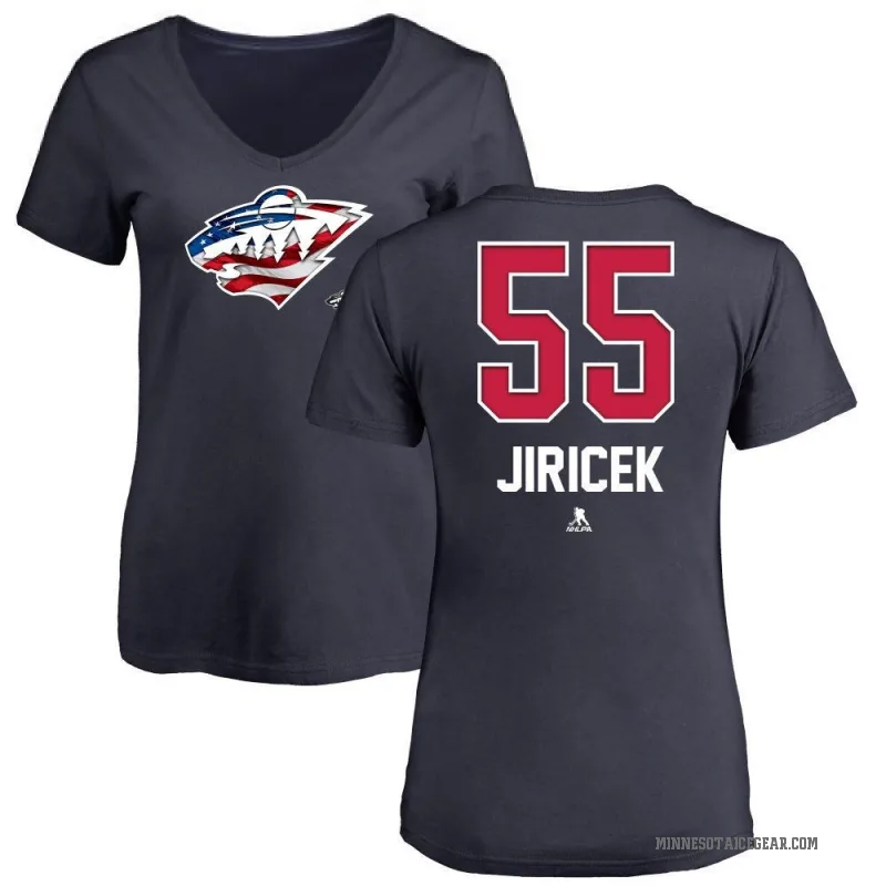David Jiricek Women's Navy Minnesota Wild Name and Number Banner Wave V-Neck T-Shirt -