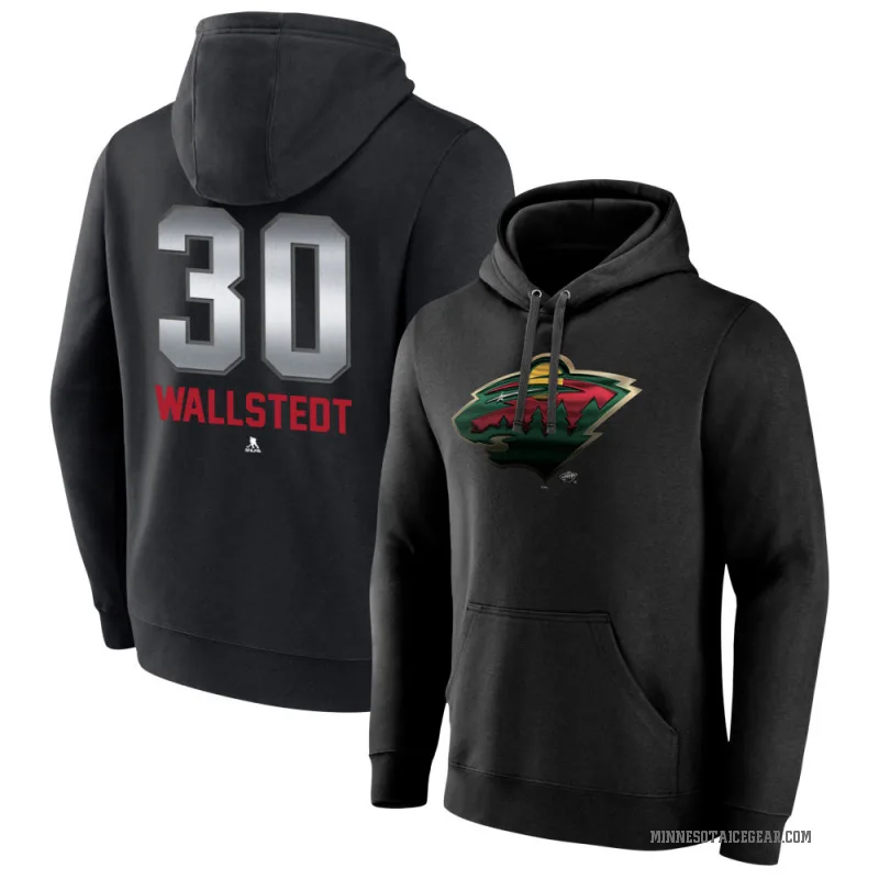Jesper Wallstedt Men's Black Minnesota Wild Branded Midnight Mascot Logo Pullover Hoodie